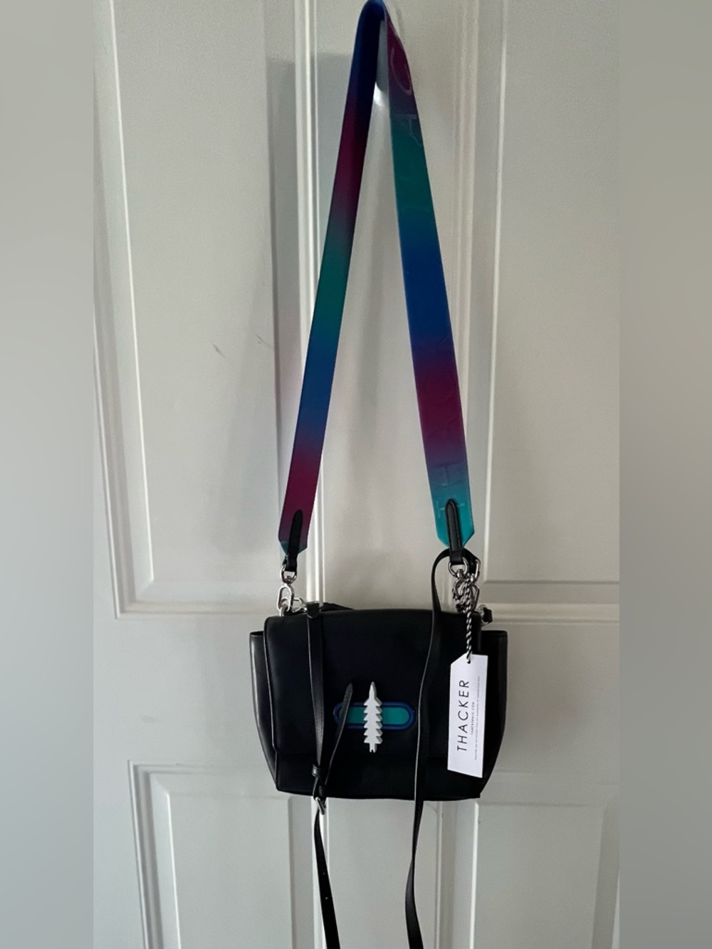 NWT!!! Thacker Black Leather Crossbody with Rainbow Ombre Strap